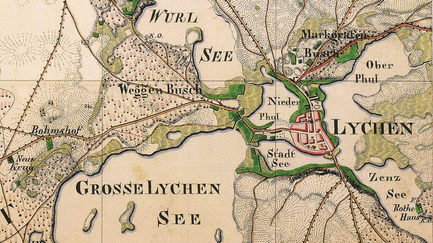 Lychen, distretto di Uckermark, Brandeburgo, estratto dal lenzuolo di Urmes, foglio 2745 Lychen del 1825