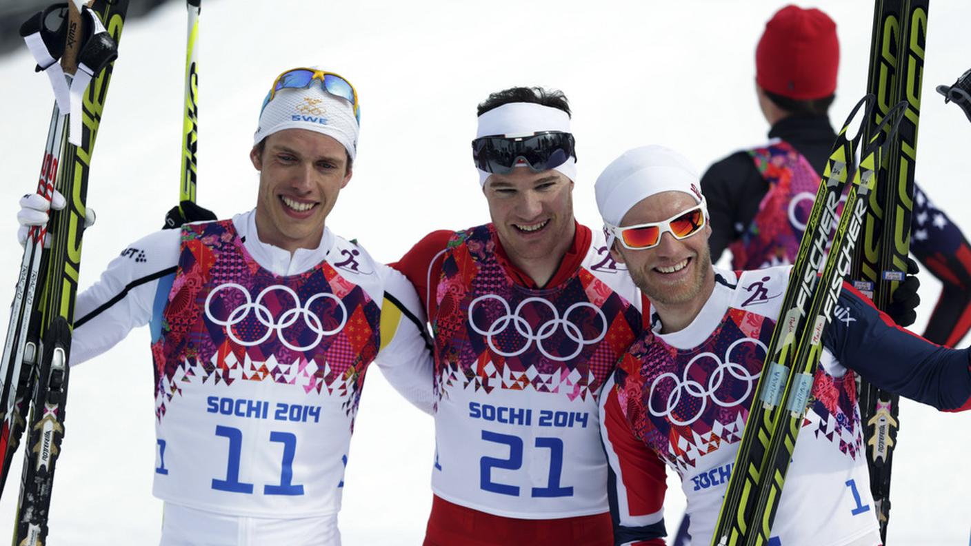 Il podio con lo svedese Marcus Hellner, il nostro Dario Cologna, e il norvegese Martin Johnsrud Sundby