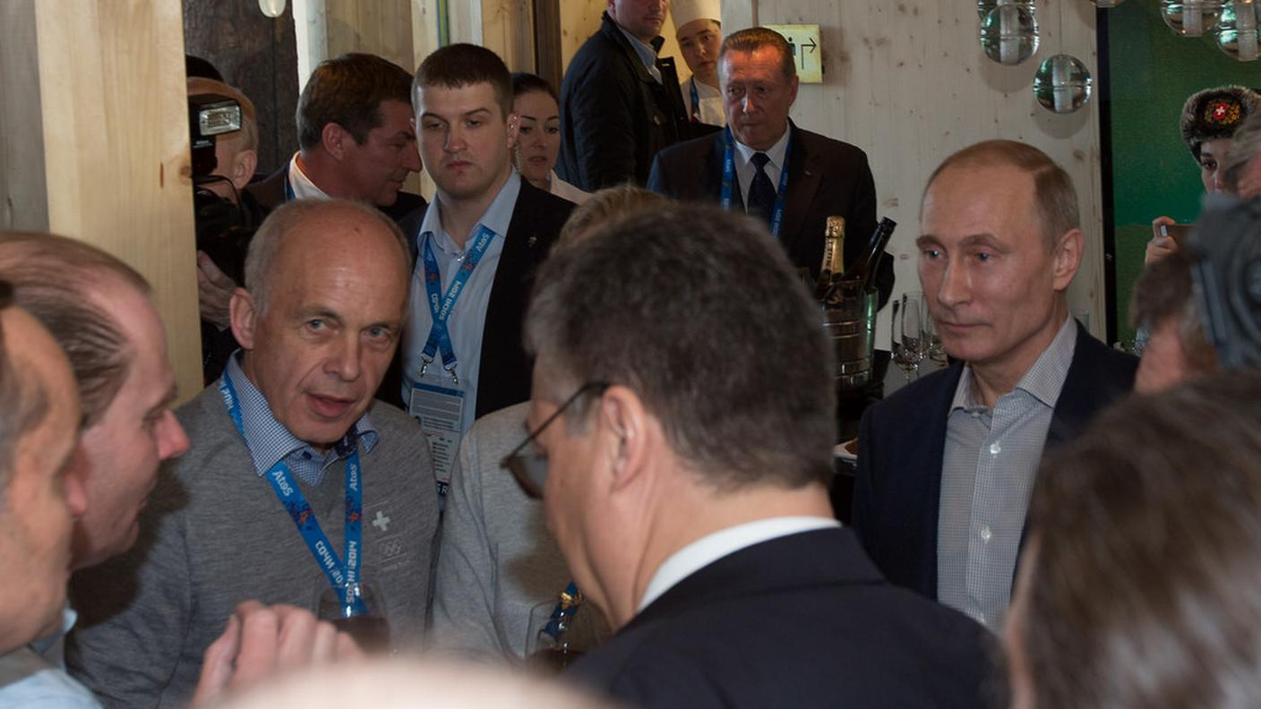 Il presidente russo Vladimir Putin and il Consigliere Federale Ueli Maurer a Casa Svizzera