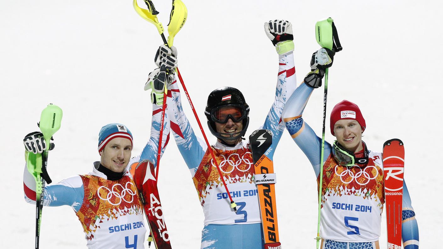 Marcel Hirscher e Henrik Kristoffersen sul podio con Mario Matt