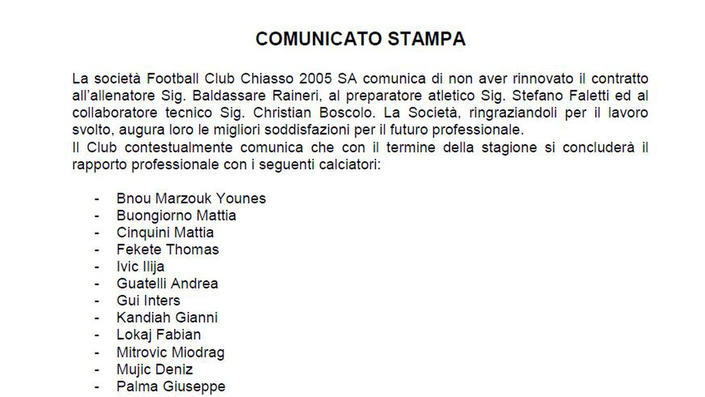Il comunicato stampa del Chiasso