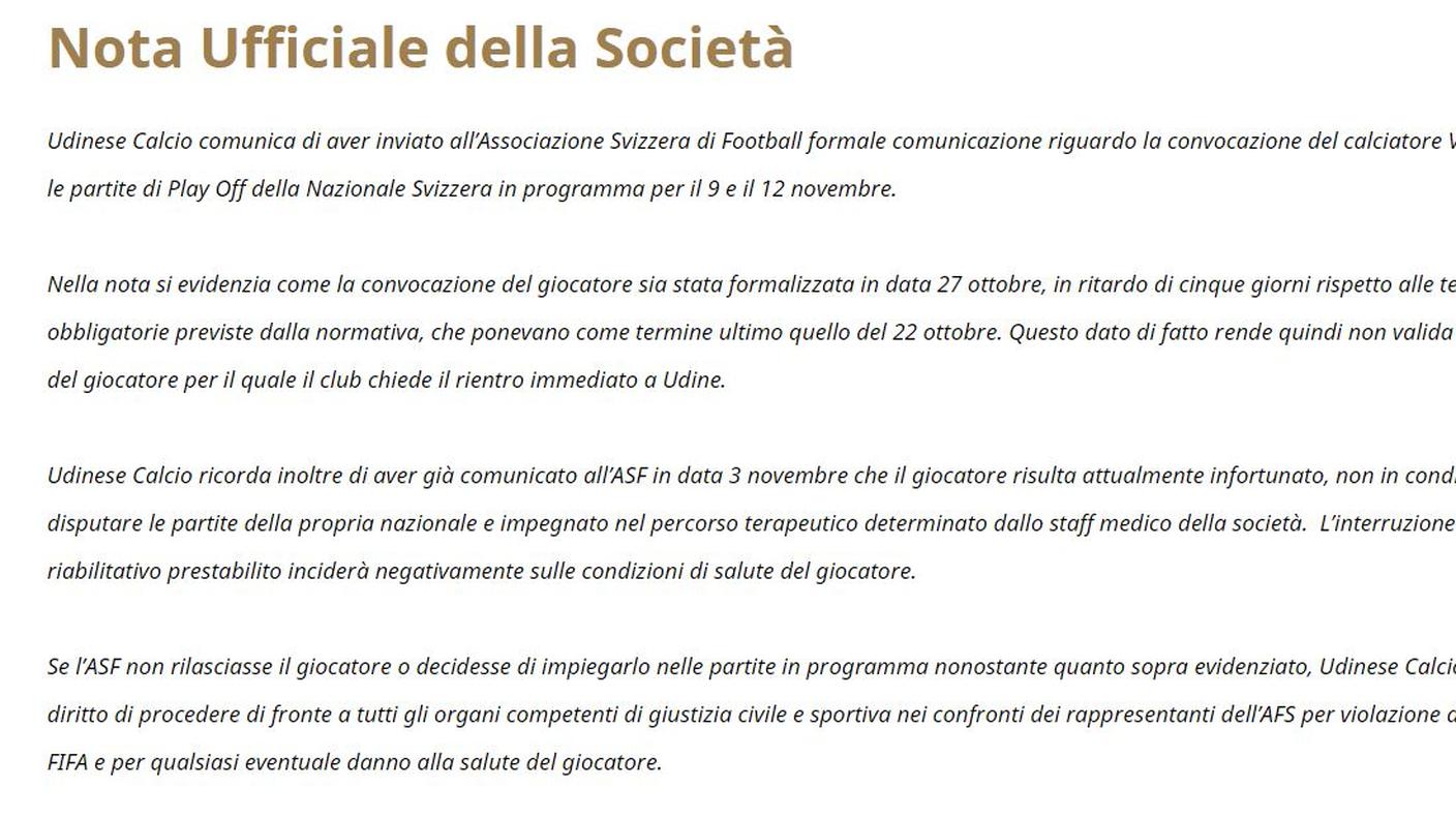 Il comunicato dell'Udinese