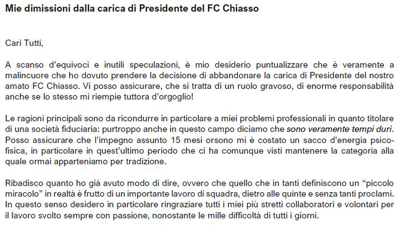 La lettera dell'ormai ex presidente