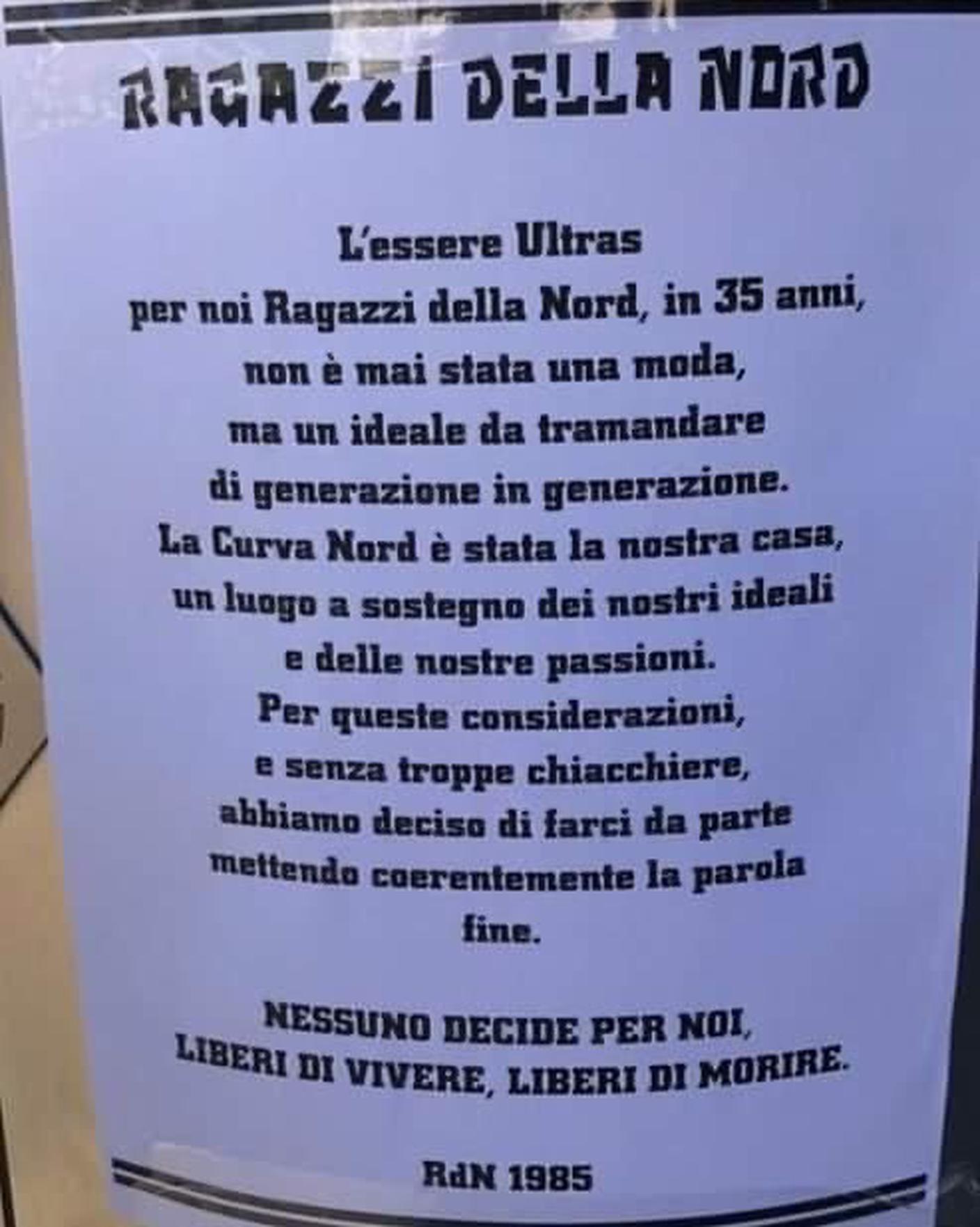 Ragazzi della Nord, comunicato