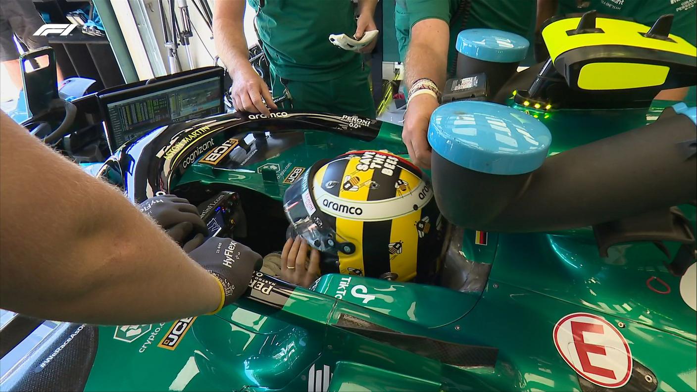 Il casco del tedesco con il messaggio "salviamo le api"