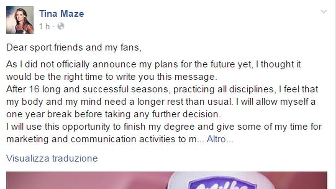 L'annuncio di Tina Maze su Facebook