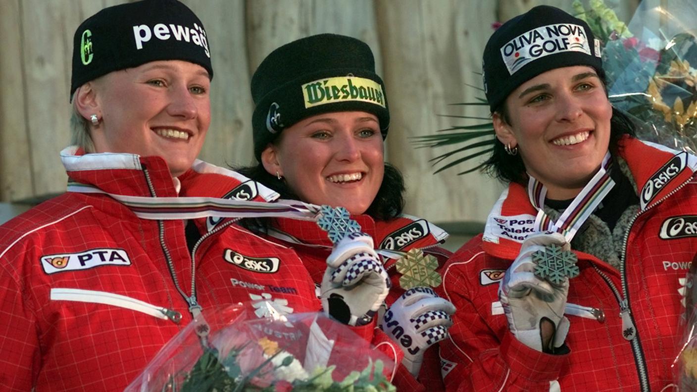 Götschl e Meissnitzer, con Dorfmeister, sul podio del super G del 1999