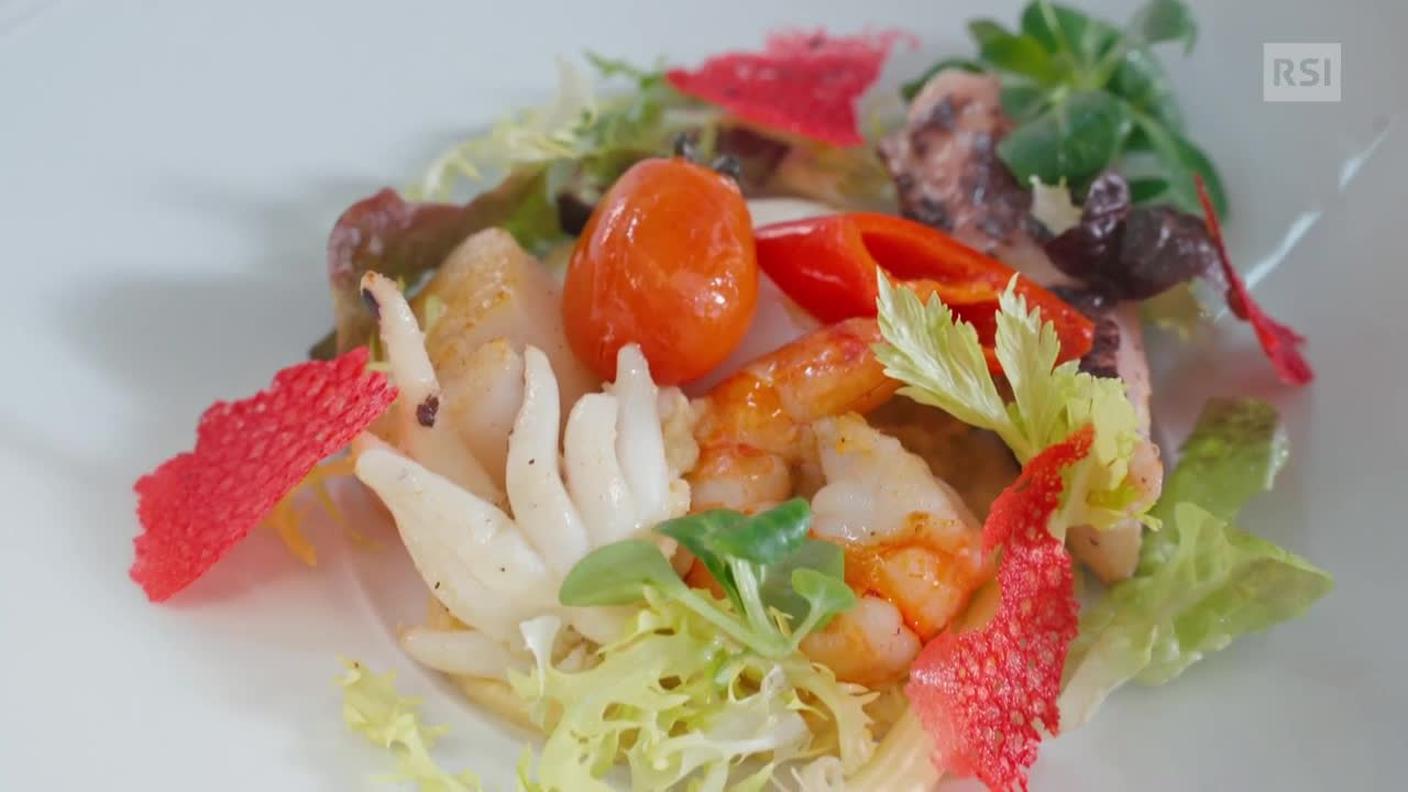 Insalata di mare tiepida su passata di ceci con misticanza ticinese - Chef Valentino Roversi - Ristorante Da Valentino